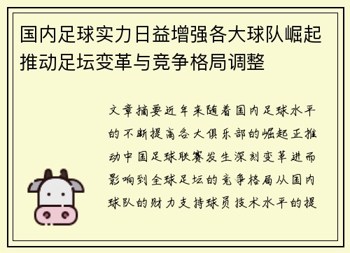 国内足球实力日益增强各大球队崛起推动足坛变革与竞争格局调整