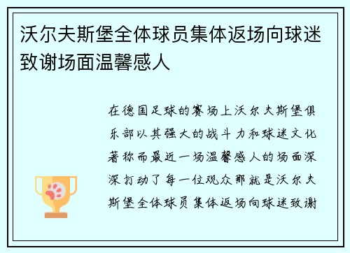 沃尔夫斯堡全体球员集体返场向球迷致谢场面温馨感人 沃尔夫斯堡全体球员集体返场向球迷致谢场面温馨感人
