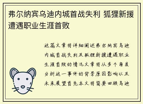 弗尔纳宾乌迪内城首战失利 狐狸新援遭遇职业生涯首败