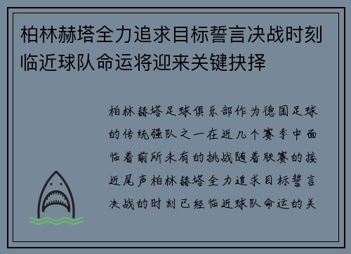 柏林赫塔全力追求目标誓言决战时刻临近球队命运将迎来关键抉择